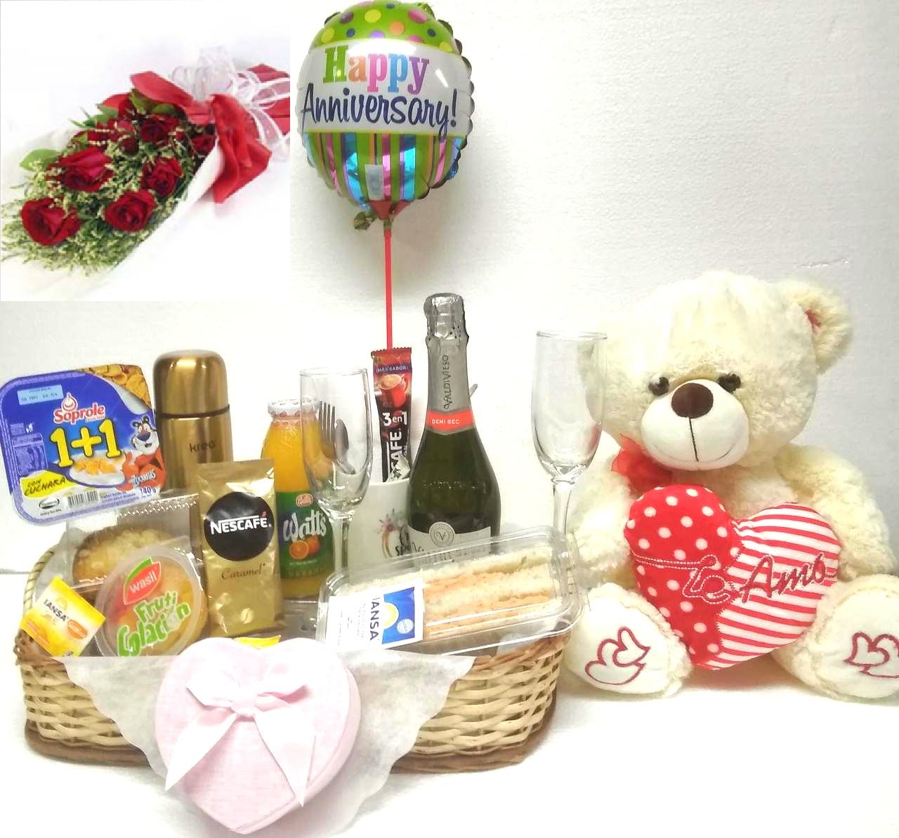 Desayuno Enamorados m�s Ramo 6 Rosas y Peluche 30cm